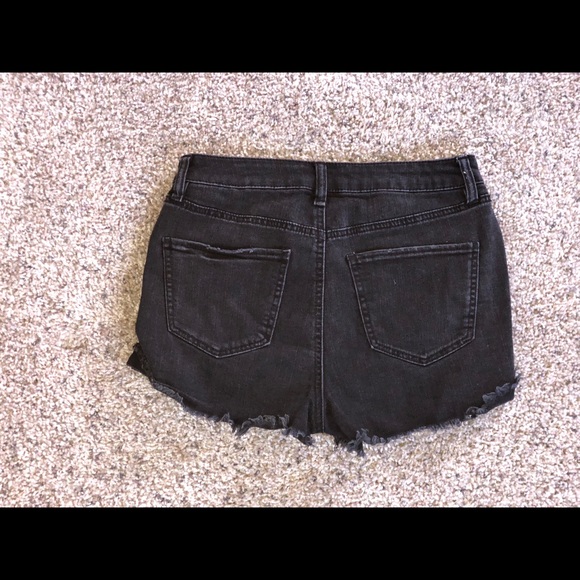 Washed black, high waisted, distressed jean shorts - Picture 2 of 2